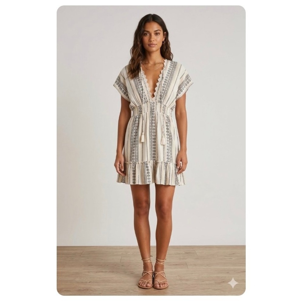 Spiaggia Dolce Womens XS Cotton Embroidered Boho Mini Dress Natural 5942-132